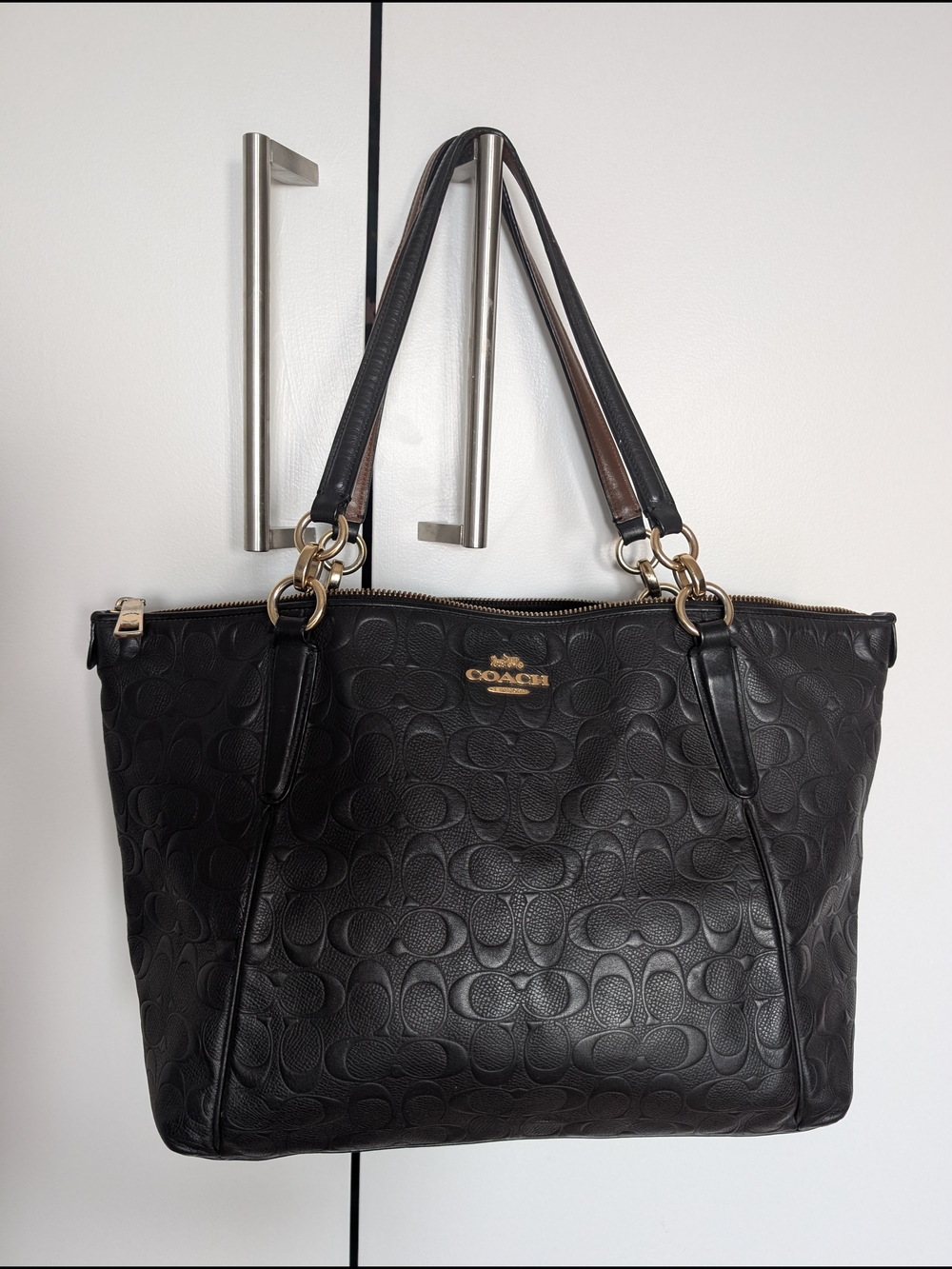 COACH Ava Black Embossed Signature Leather Tote Bag